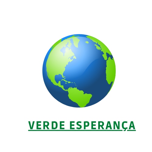 Na imagem aparece a esfera do globo. Onde na cor verde em tom claro estão destacados os continentes que são a porção de terra do planeta  e em azul a parte que representa os oceanos. Em baixo do globo em letras maiúsculas e na cor verde em tom mais escuro, está escrito: VERDE ESPERANÇA.